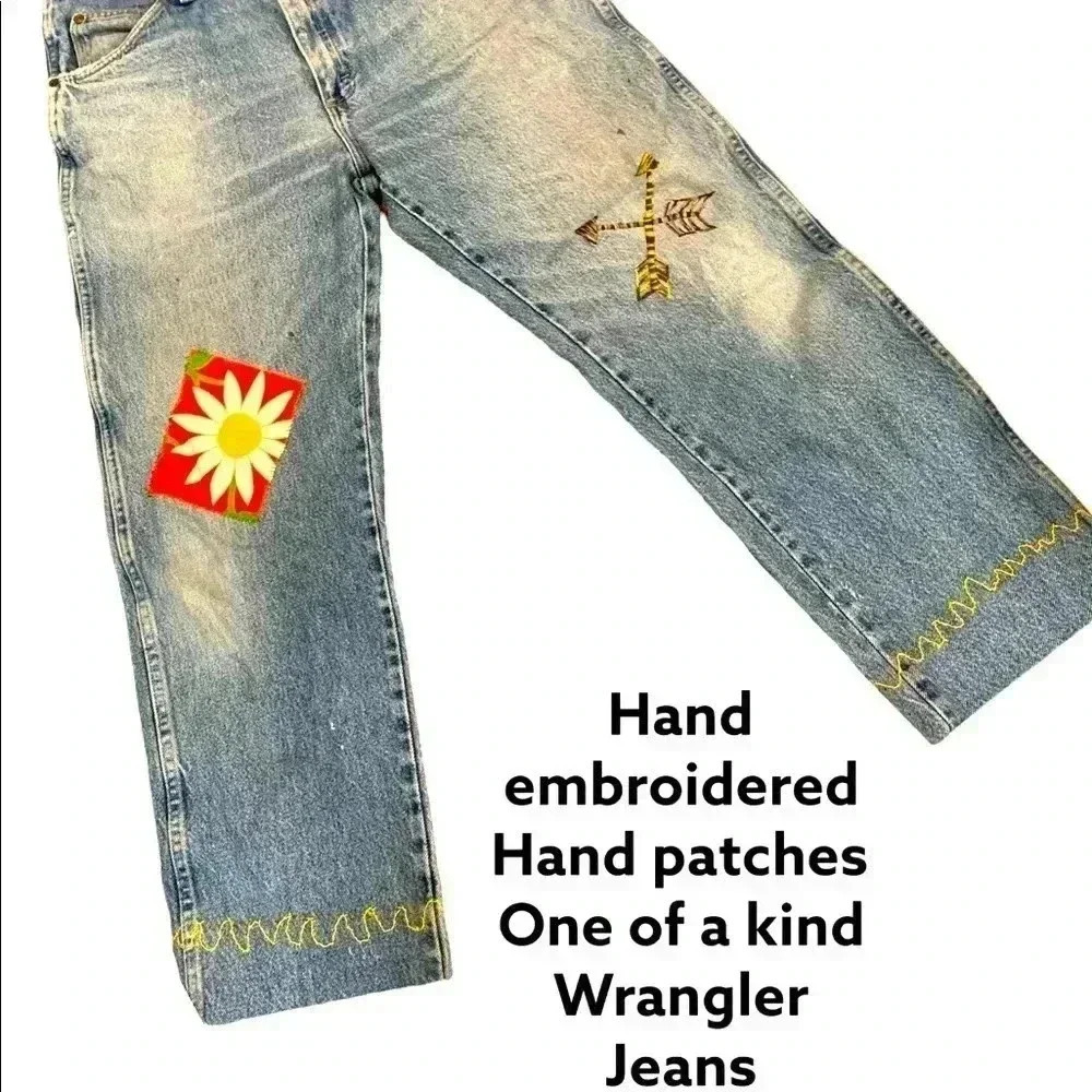 One of a Kind custom wrangler reworked hand embroidered patch Sustainable Jeans